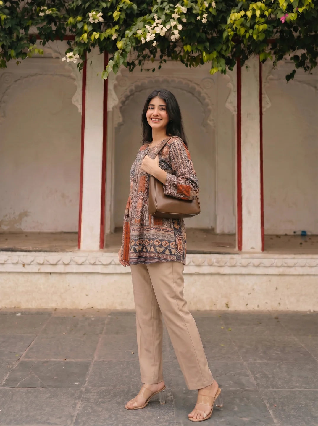Grey & Orange Printed Muslin Tunic