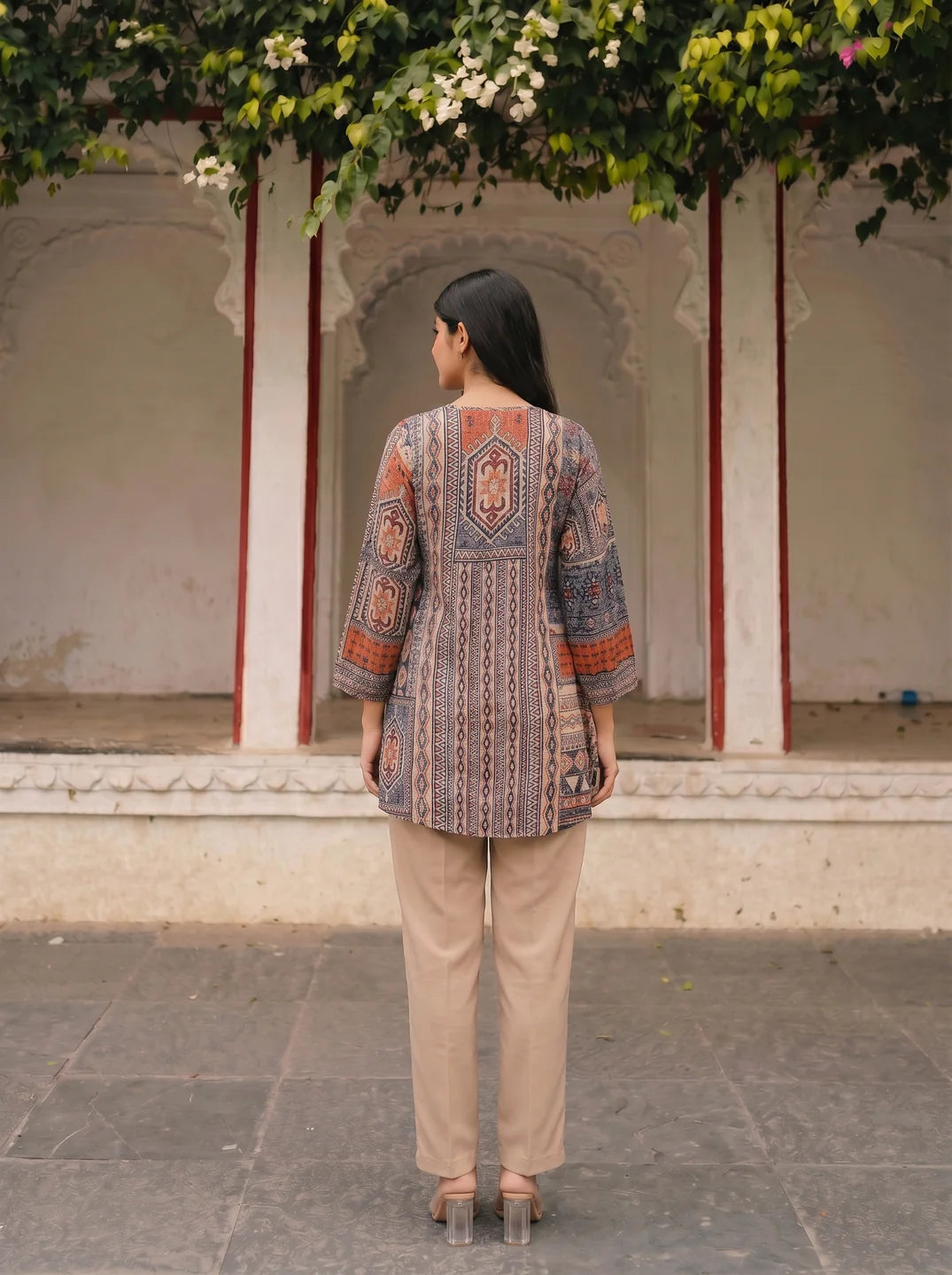 Grey & Orange Printed Muslin Tunic