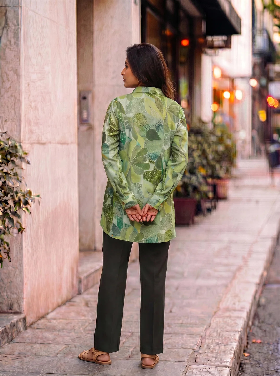 Green Floral Print With Beads Shirt Style Tunic