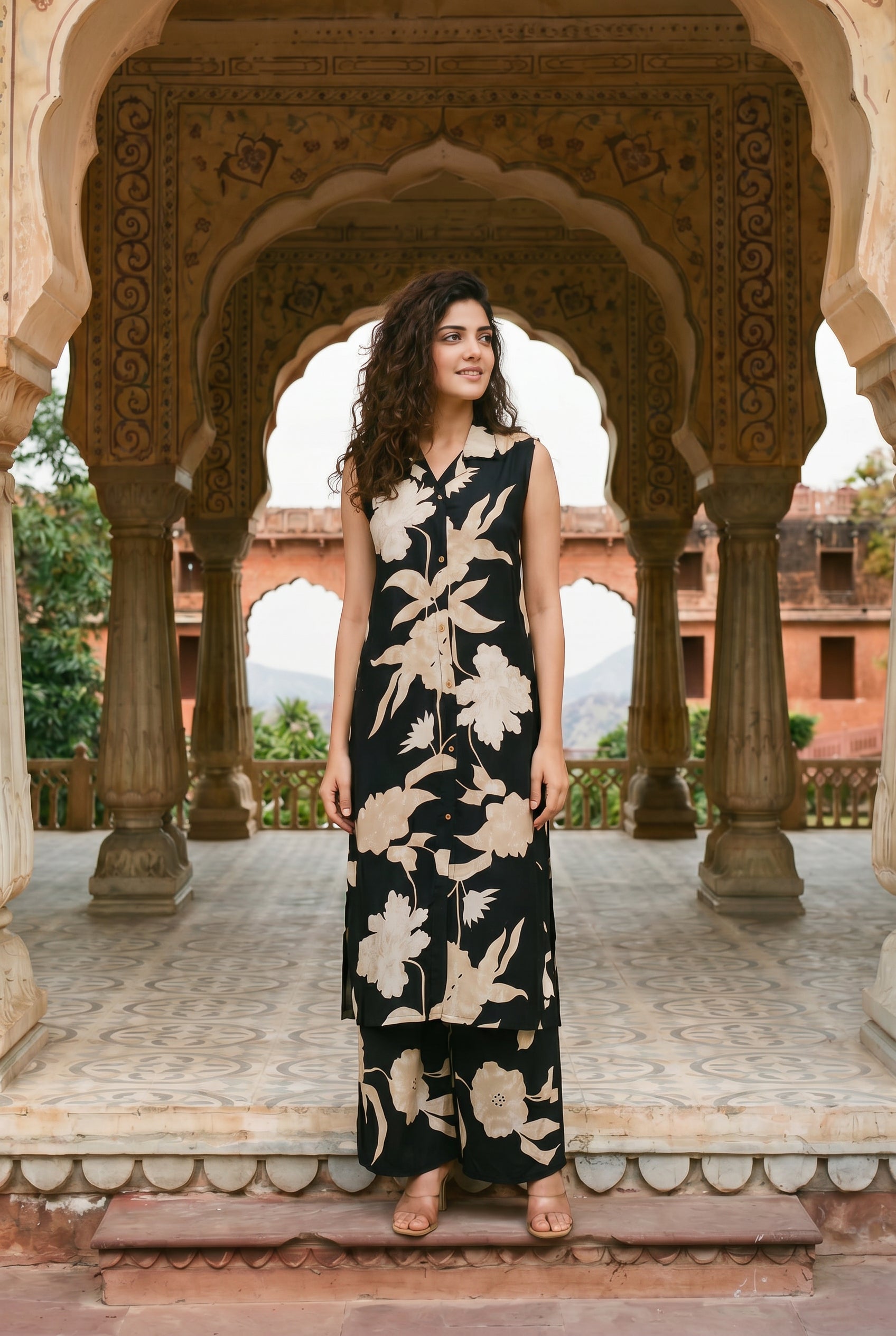 Black & Beige Floral Kurta Set