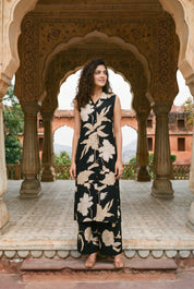 Black & Beige Floral Kurta Set