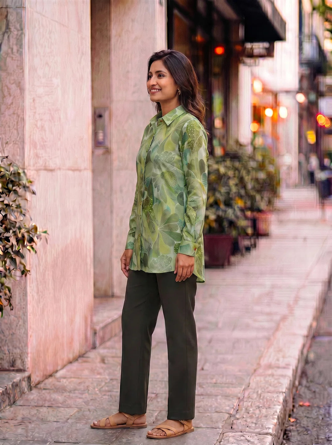Green Floral Print With Beads Shirt Style Tunic