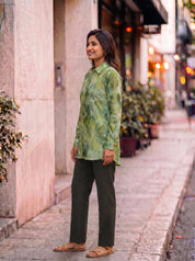 Green Floral Print With Beads Shirt Style Tunic