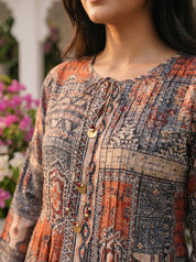 Grey & Orange Printed Muslin Tunic
