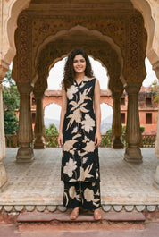 Black & Beige Floral Kurta Set