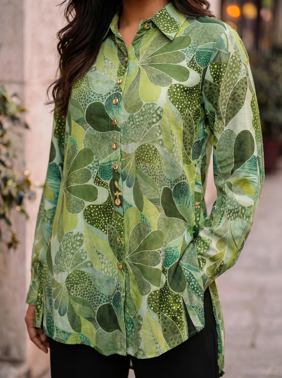 Green Floral Print With Beads Shirt Style Tunic