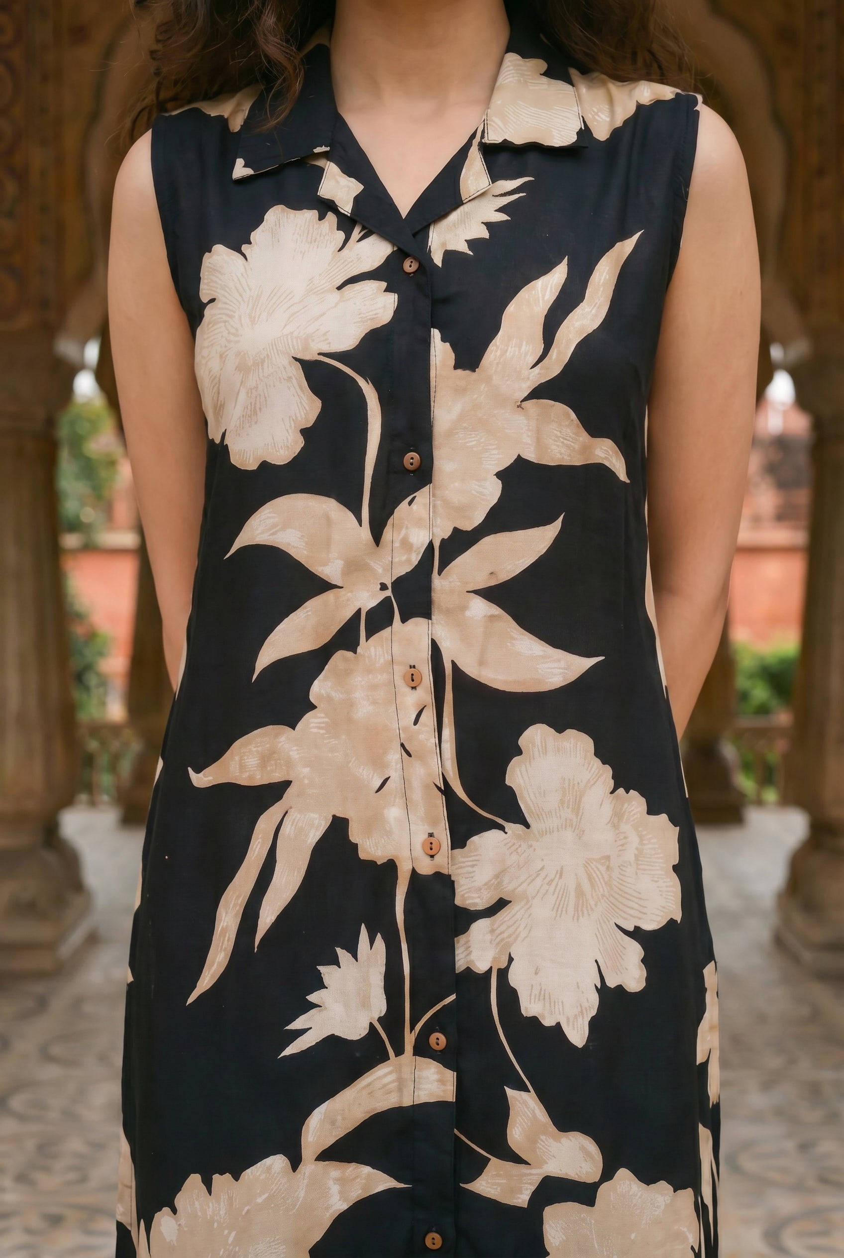 Black & Beige Floral Kurta Set