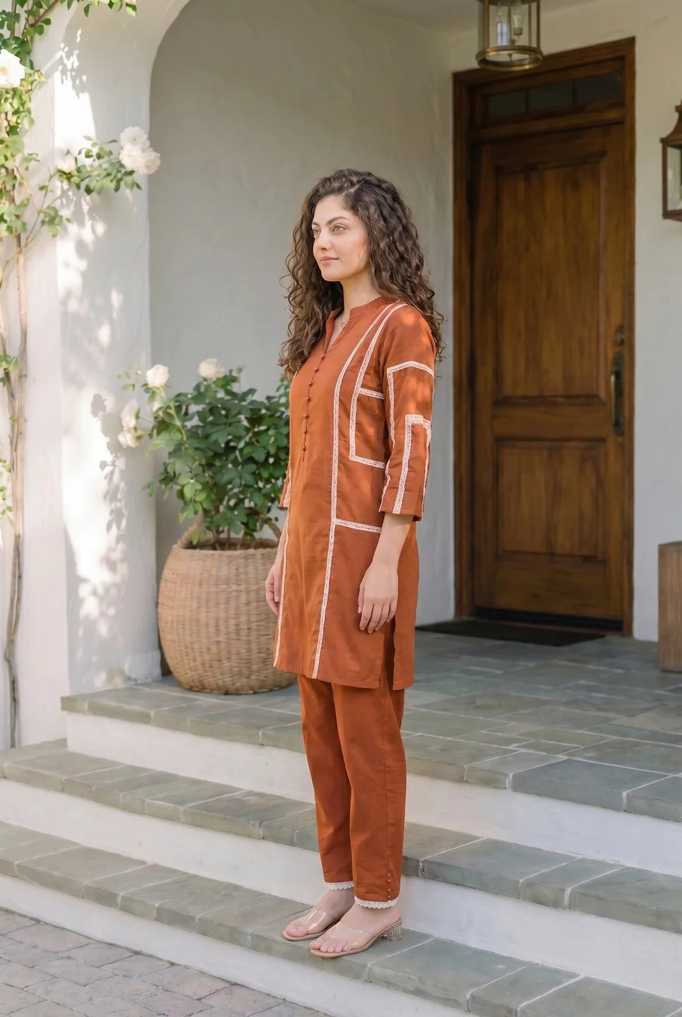 Tangerine Contrast Lace Detail Cotton Flex Co-ord Set