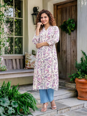 Lavender Lace Detailed Floral Pleated Kurti in Cotton Cambric
