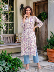 Lavender Lace Detailed Floral Pleated Kurti in Cotton Cambric