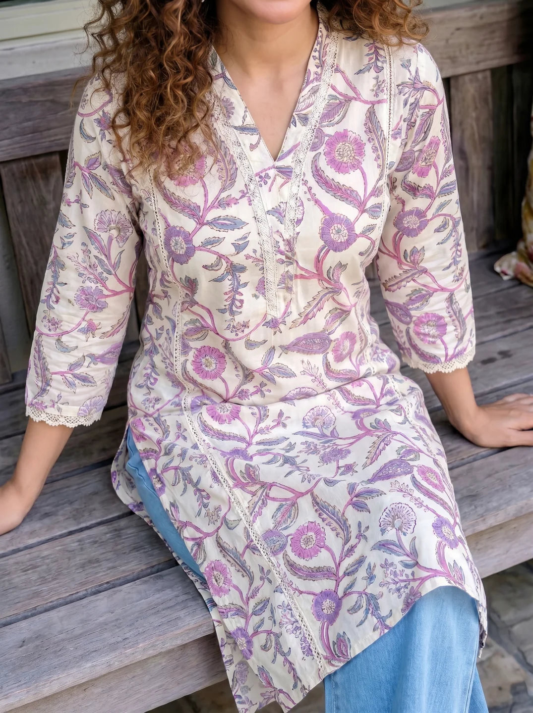 Lavender Lace Detailed Floral Pleated Kurti in Cotton Cambric