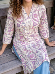 Lavender Lace Detailed Floral Pleated Kurti in Cotton Cambric