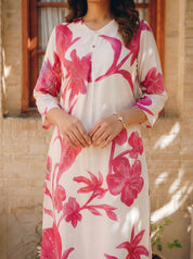 Cream & Maroon Abstract Floral Printed Kurta Pant Set in Viscose