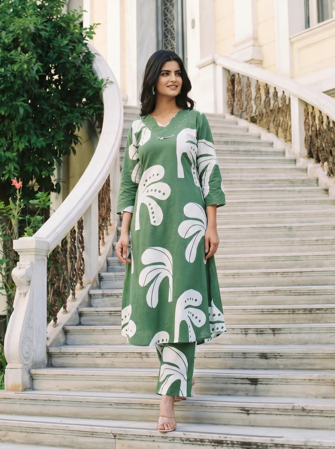 Palm Green Tropical A-line Kurta Set