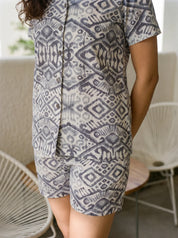Grey & Blue Abstract Batik Printed Cotton Cambric Shirt & Shorts Set