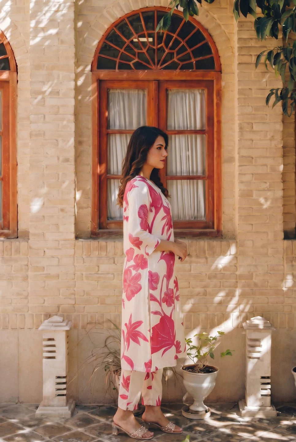 Cream & Maroon Abstract Floral Printed Kurta Pant Set in Viscose