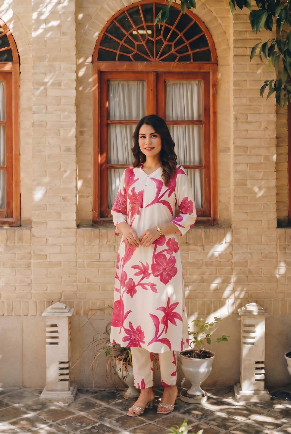 Cream & Maroon Abstract Floral Printed Kurta Pant Set in Viscose