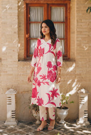 Cream & Maroon Abstract Floral Printed Kurta Pant Set in Viscose
