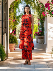 Red & Black Bold Floral Beaded Ethnic Kurta Pant Set
