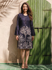 Dark Blue Embroidered A Line Shirt Dress
