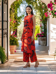Red & Black Bold Floral Beaded Ethnic Kurta Pant Set