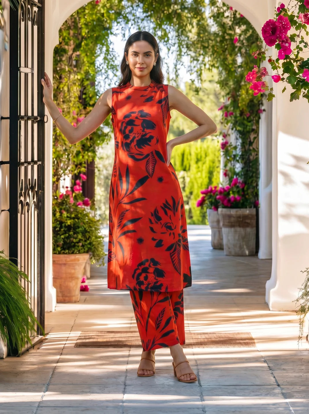 Red & Black Bold Floral Beaded Ethnic Kurta Pant Set