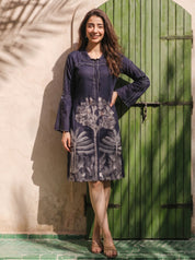 Dark Blue Embroidered A Line Shirt Dress