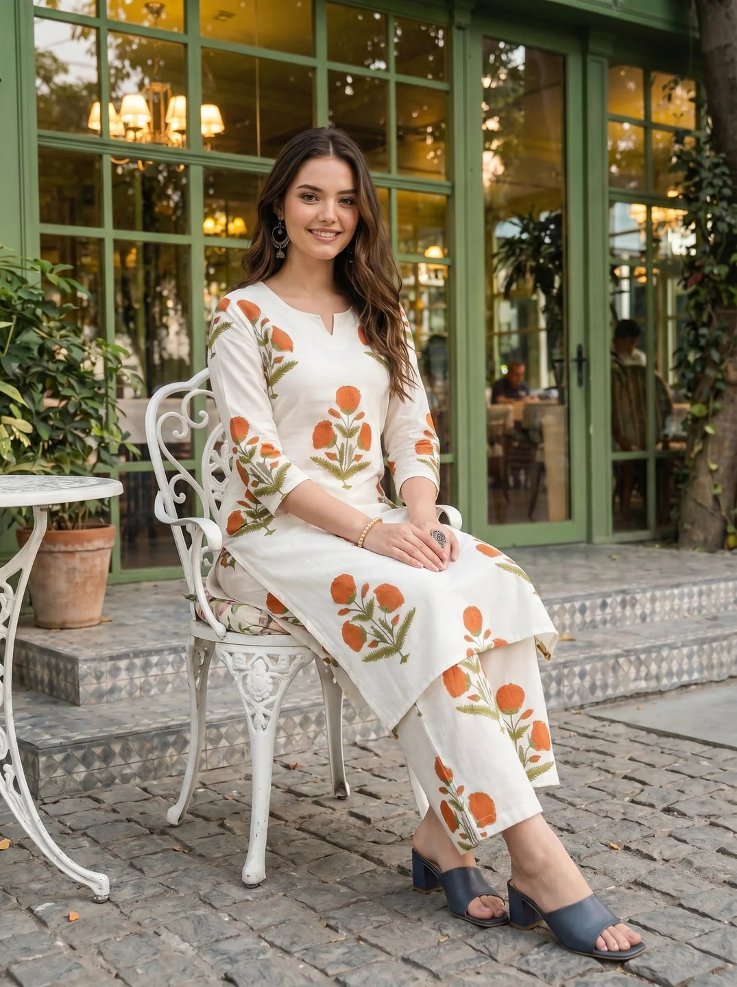 White & Rust Bold Floral A-Line Kurta Set