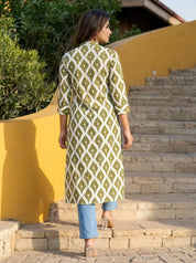Olive Ikkat Print Long Kurti in Cotton Cambric