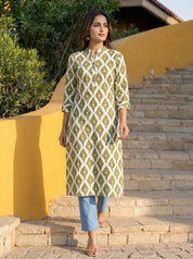 Olive Ikkat Print Long Kurti in Cotton Cambric