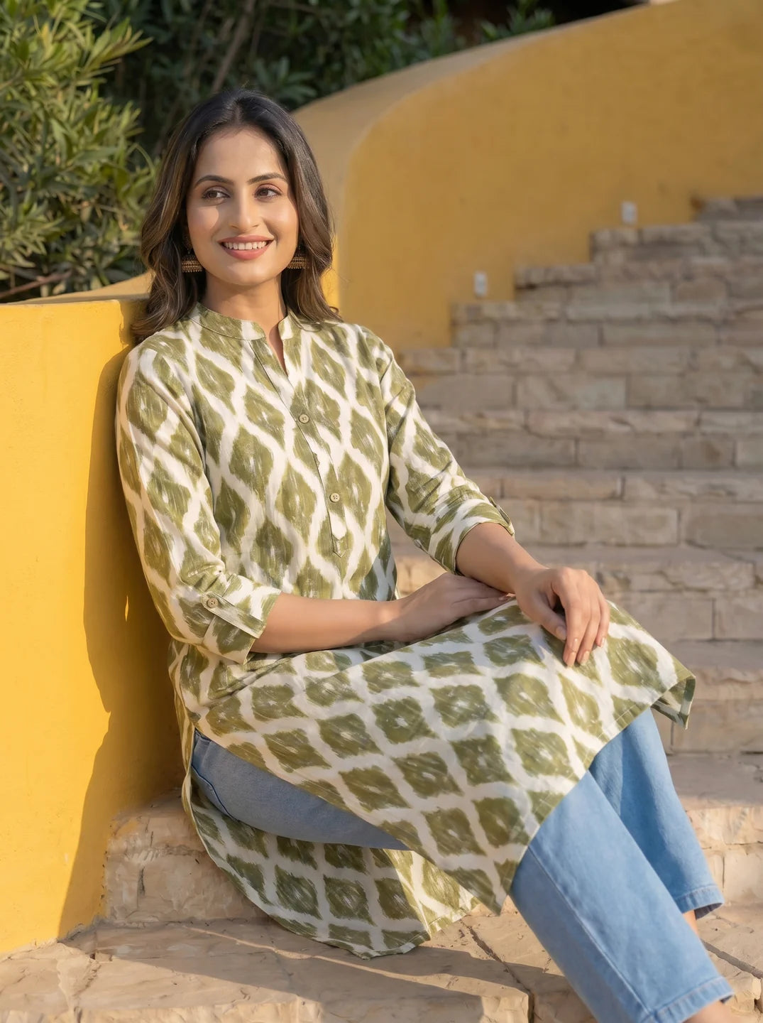 Olive Ikkat Print Long Kurti in Cotton Cambric