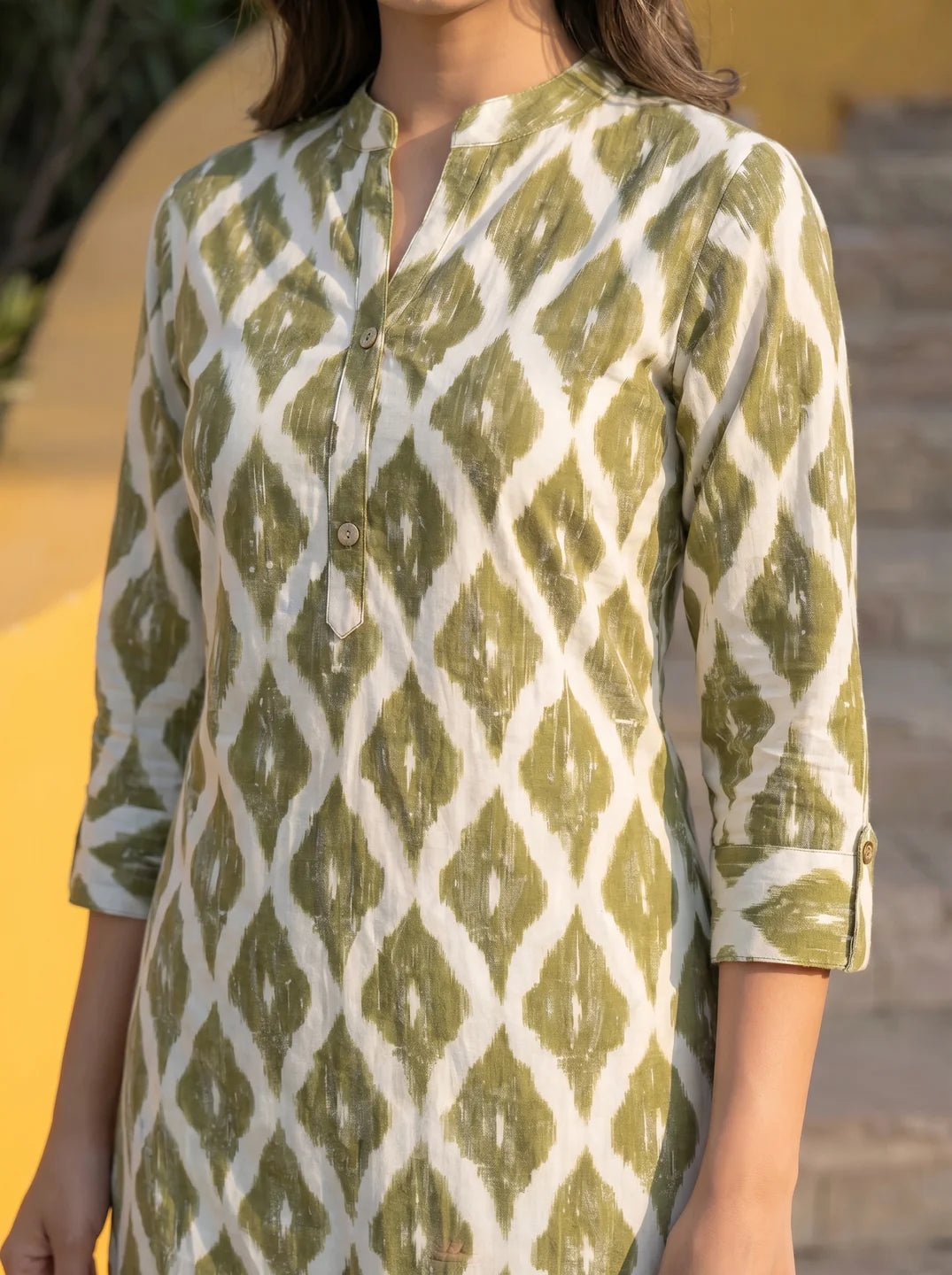Olive Ikkat Print Long Kurti in Cotton Cambric