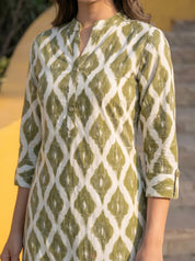 Olive Ikkat Print Long Kurti in Cotton Cambric