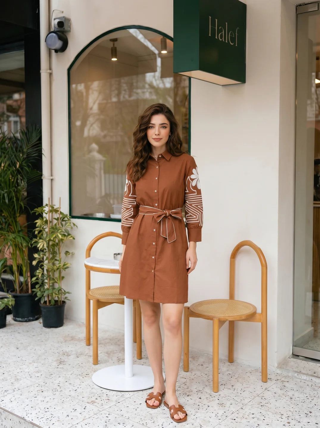 Brown Thread-Embroidered Belted Mini Dress in Cotton Poplin