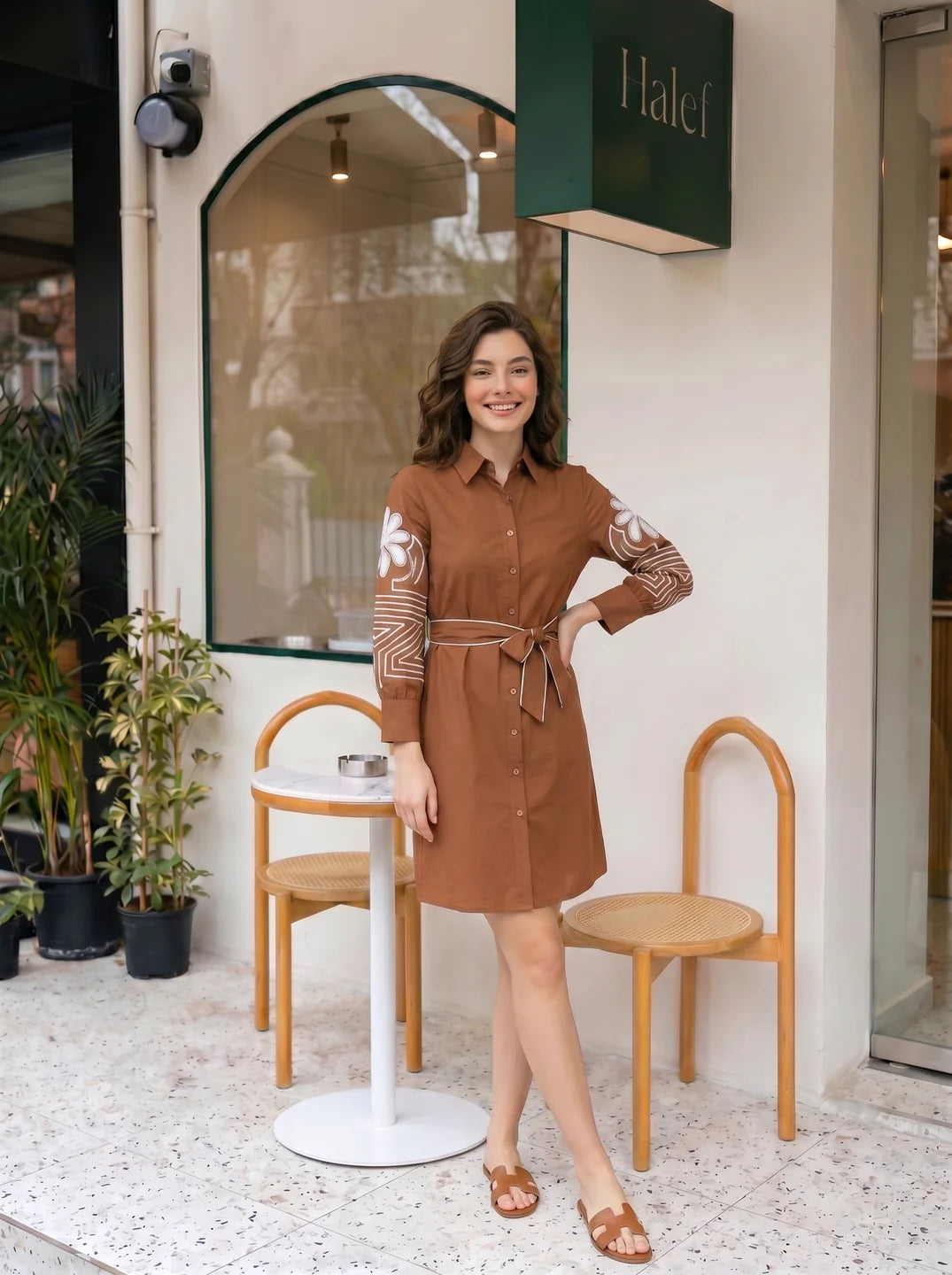 Brown Thread-Embroidered Belted Mini Dress in Cotton Poplin
