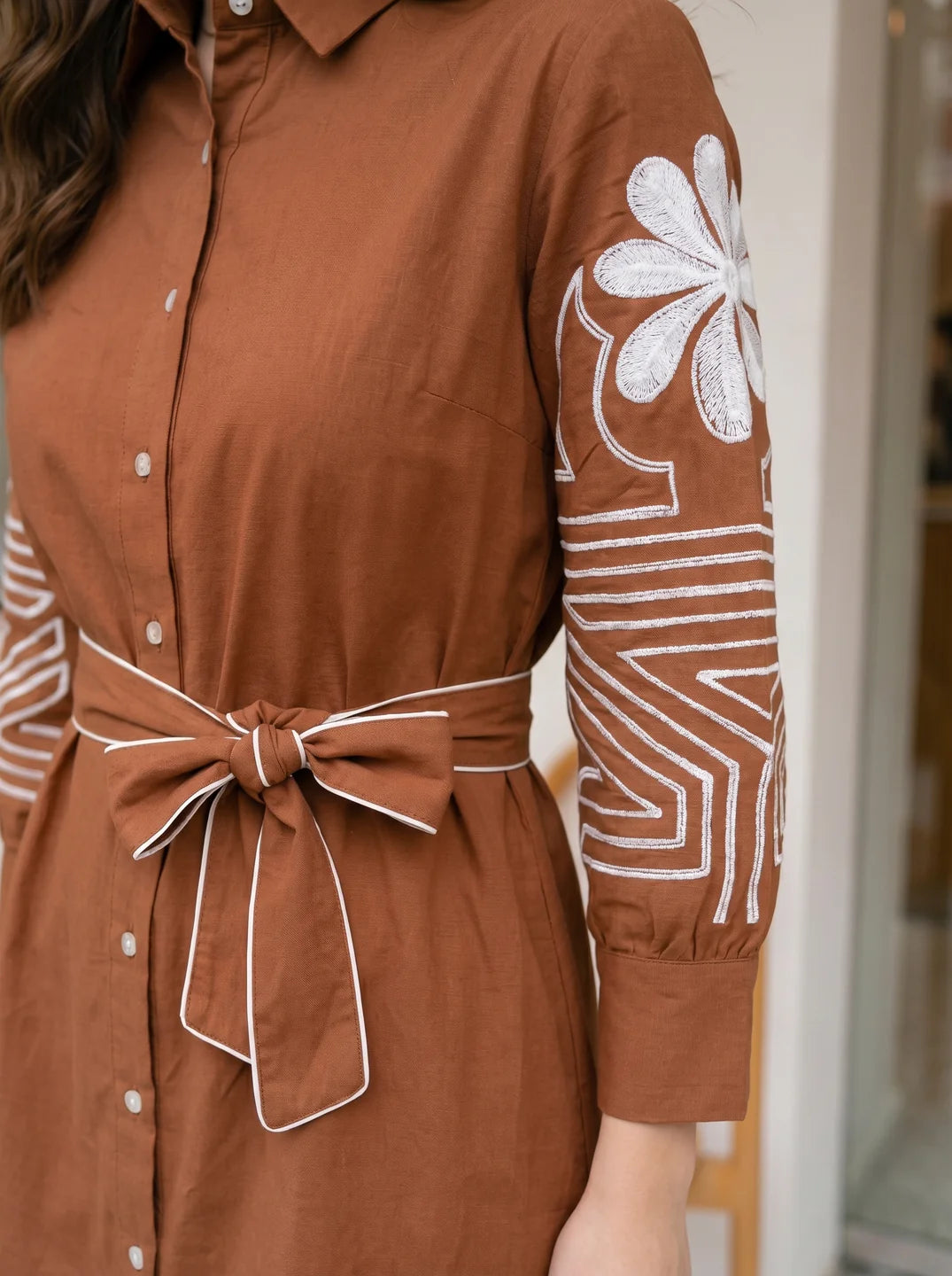 Brown Thread-Embroidered Belted Mini Dress in Cotton Poplin