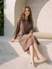 Ash Brown A Line Embroidered Shirt Dress