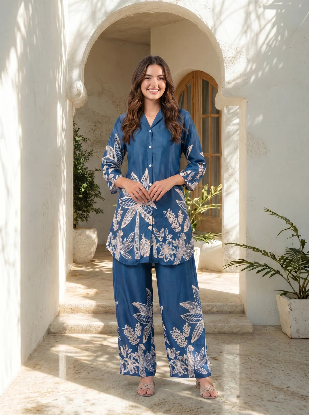 Blue Bold Palm Russian Silk Print Co-Ord Set