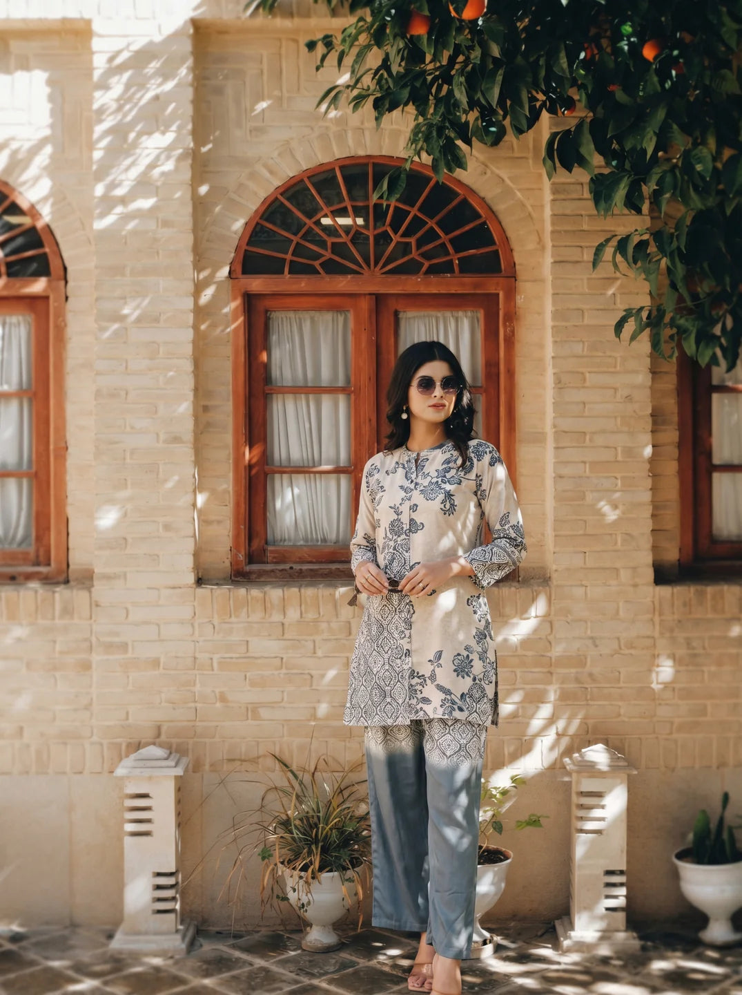 Beige & Grey Embellished Floral Co-ord Set