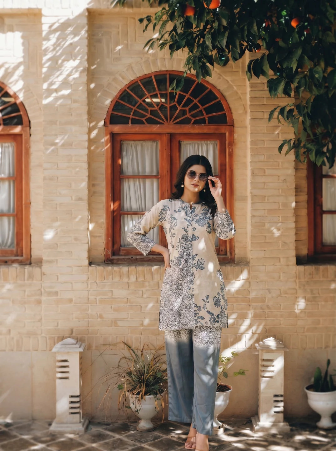 Beige & Grey Embellished Floral Co-ord Set