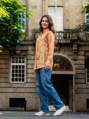 Yellow Printed Shirt Style Tunic With Embellishment