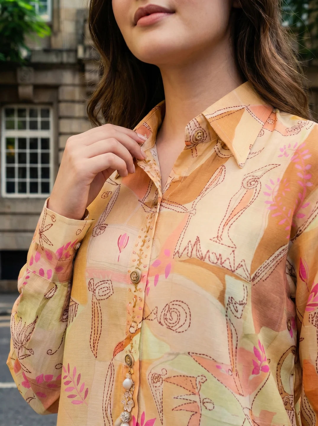 Yellow Printed Shirt Style Tunic With Embellishment