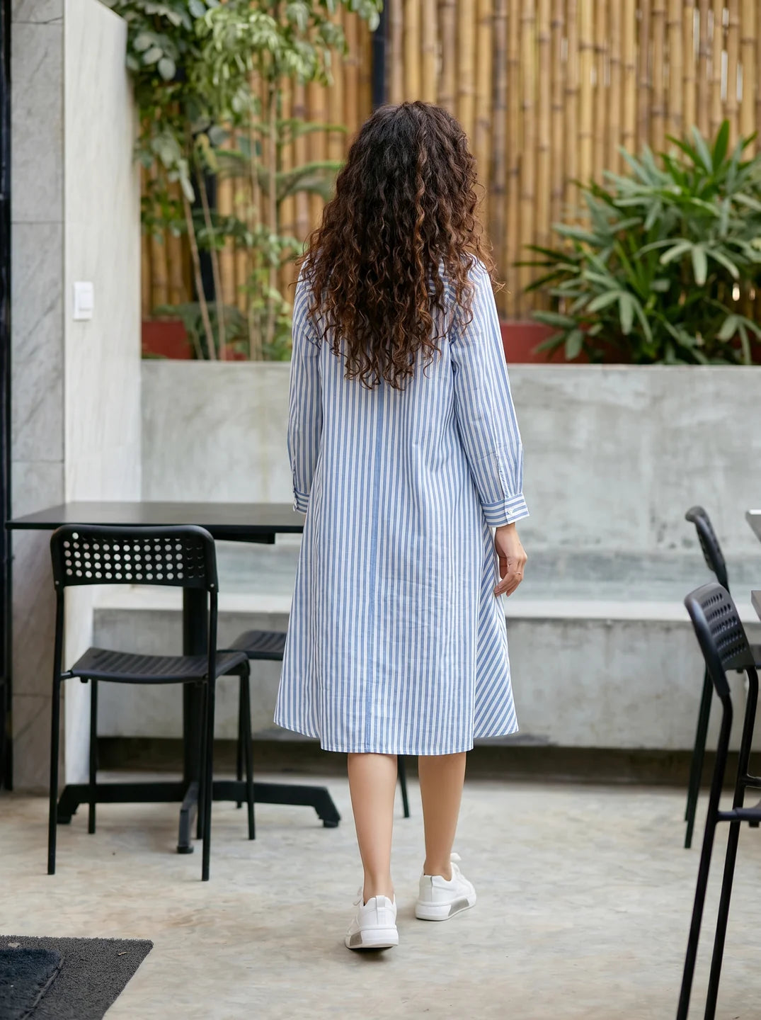 White & Blue Stripe Embroidered Cotton Shirt Dress