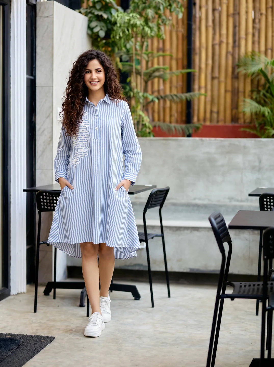 White & Blue Stripe Embroidered Cotton Shirt Dress
