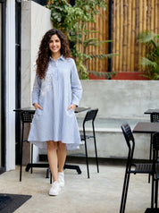 White & Blue Stripe Embroidered Cotton Shirt Dress