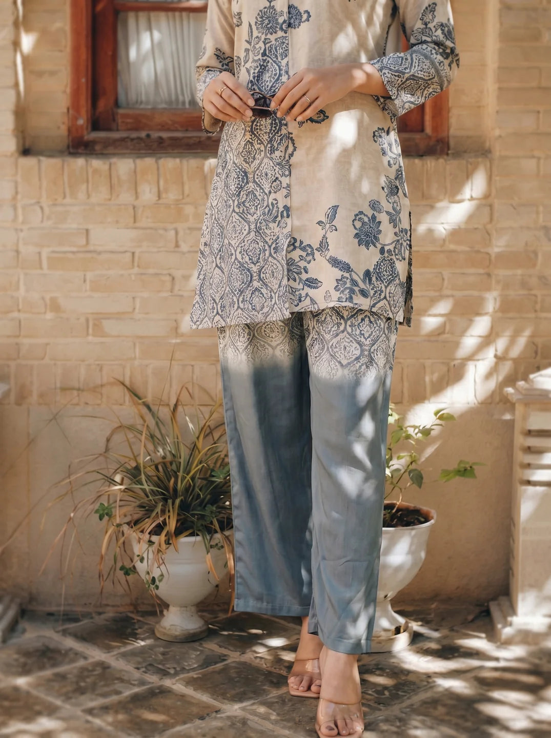 Beige & Grey Embellished Floral Co-ord Set