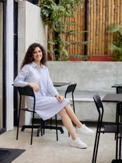 White & Blue Stripe Embroidered Cotton Shirt Dress