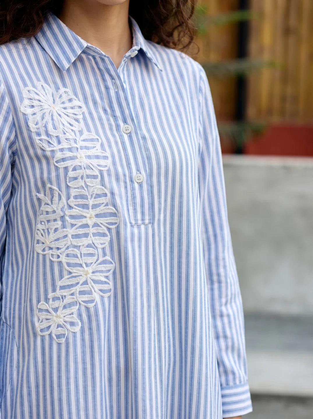 White & Blue Stripe Embroidered Cotton Shirt Dress