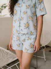Nandita Powder Blue Floral Leaf Printed Cotton Short Set