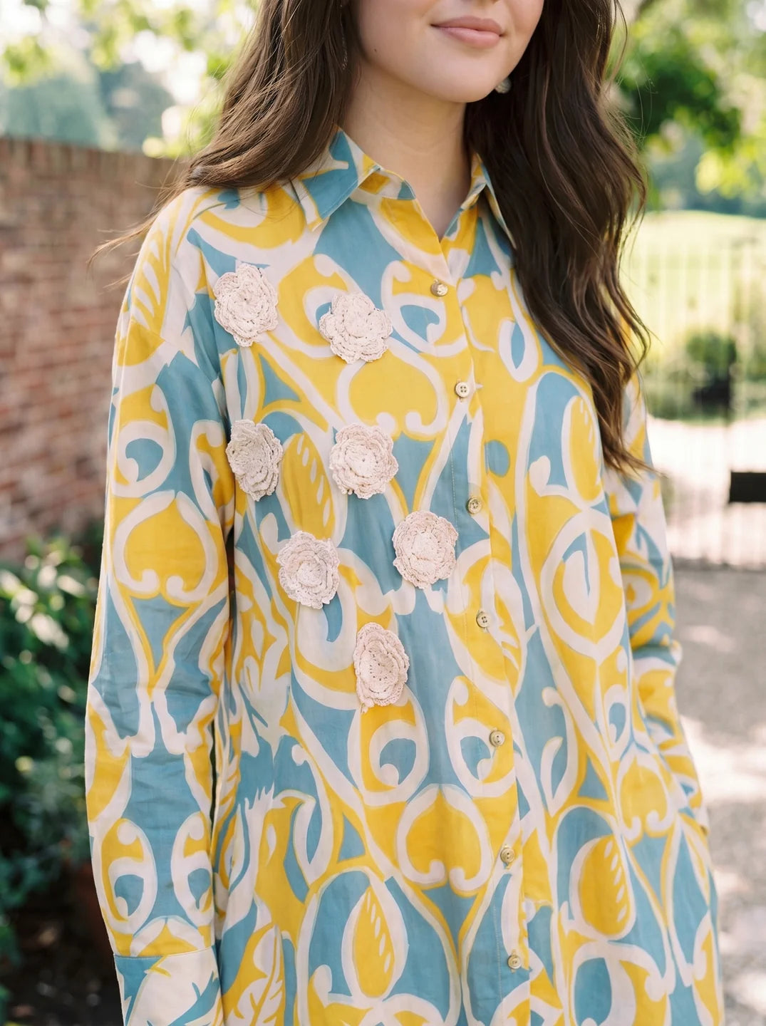 Multi-Color Crochet Flower Cotton Flex Shirt Dress